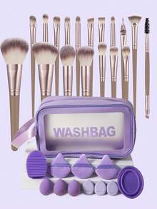 30件套化妆工具套装，包括：18支化妆刷套装+3个迷你化妆海绵+3个三角粉扑+3个迷你气垫粉扑+2个化妆刷清洁工具+1个多功能防水拉链化妆包 - 彩色 - 查看 1
