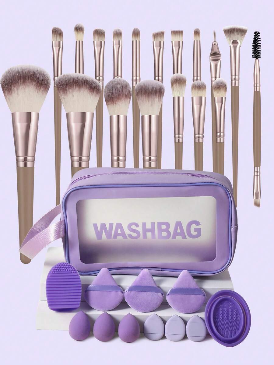 30件套化妆工具套装，包括：18支化妆刷套装+3个迷你化妆海绵+3个三角粉扑+3个迷你气垫粉扑+2个化妆刷清洁工具+1个多功能防水拉链化妆包 - 彩色 - 查看 1