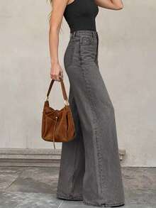 女士休闲优雅阔腿牛仔裤，带口袋和拉链，长款，中等弹力，灰色，春季款 - 灰色 - 查看 5