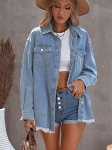 Chaqueta vaquera casual de unicolor para mujer con bolsillos y bordes deshilachados, manga larga, para primavera/otoño - Lavado ligero - Ver 4