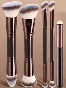 YZIMENG 5pcs Professional Makeup Brush Set, 4 Double-Sided Makeup Brushes + 1 Lip Brush, Angled Contour Brush, Blush Brush, Powder Brush, Eyeshadow Brush, Concealer Brush, Highlighter Brush, Blending Brush, Soft Bristles, Portable Travel Set, Gift For Women/Girls - Brown - View 1