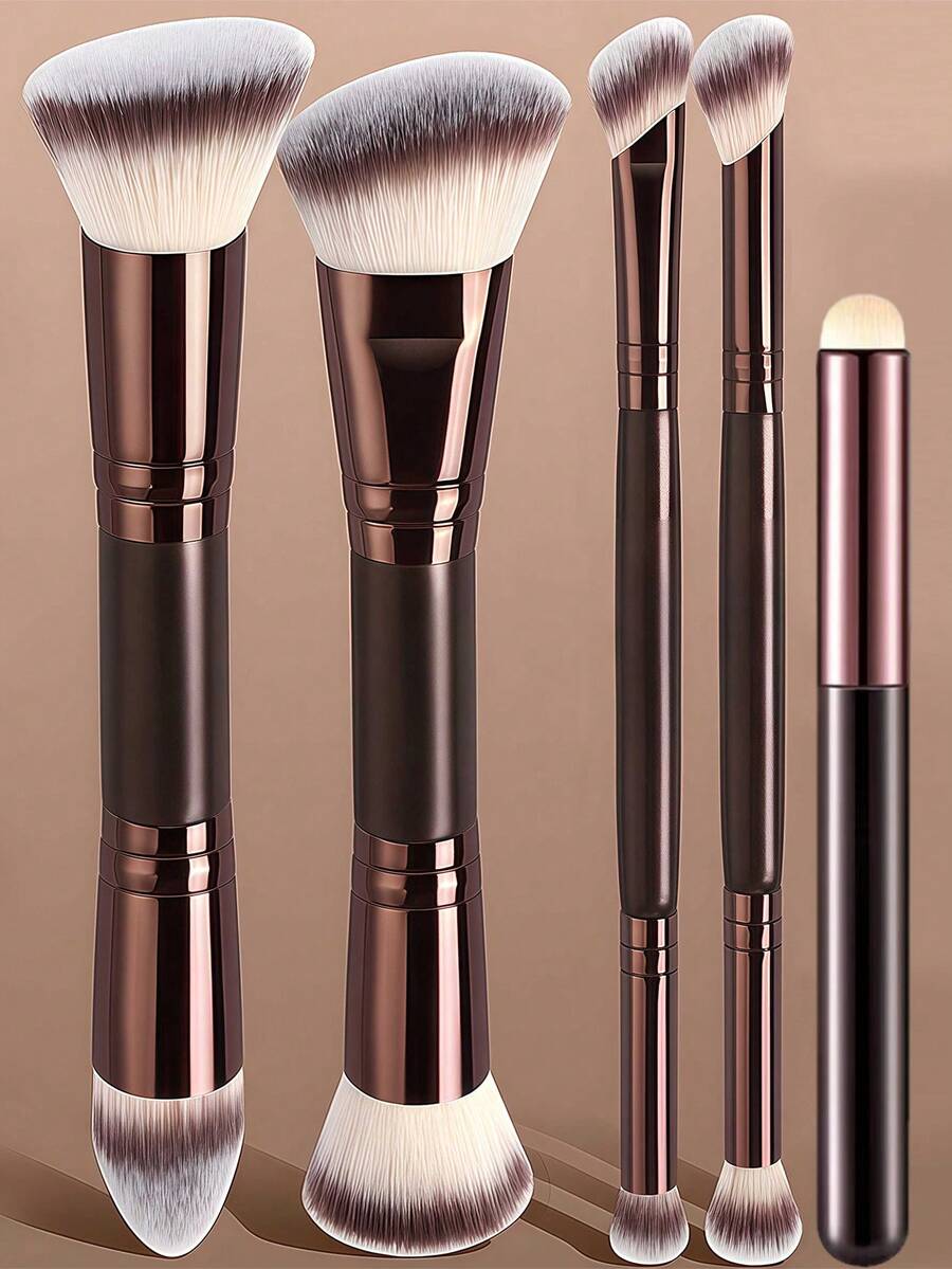 YZIMENG 5pcs Professional Makeup Brush Set, 4 Double-Sided Makeup Brushes + 1 Lip Brush, Angled Contour Brush, Blush Brush, Powder Brush, Eyeshadow Brush, Concealer Brush, Highlighter Brush, Blending Brush, Soft Bristles, Portable Travel Set, Gift For Women/Girls - Brown - View 1
