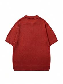 Men's Spring/Summer Neutral Knit Polo Collar Top, Cable Texture Slim Fit Casual Business Commute Short Sleeve Pullover T-Shirt - Red - View 4