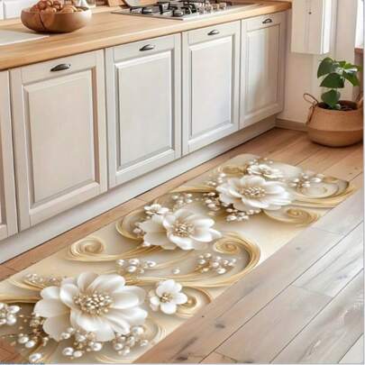 1pc White Flower Golden Pattern Long Carpet Series, Multi-Color Background Indoor Doormat, Bedroom Bedside Rug, Kitchen Mat, Hallway Carpet, Bathroom Rug, Suitable For Corridor Entrance, Living Room, Kitchen, Laundry Room And Bathroom