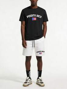 Voidago Men's Summer Fashion Puerto Rico Graphic Print Short Sleeve T-Shirt And Shorts 2-Piece Casual Outfit - Black - View 2
