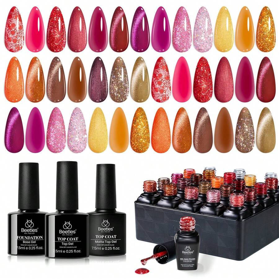 Beetles 20 Colors Cat Eye Gel Nail Polish Set - Glitter Red Green Blue Brown Black, Magnetic Base & Matte Glossy Top Coat, Galaxy Gemlight Soak Off UV Manicure Salon Gift For Women - 20 Colors Opulent Glow - 查看 1