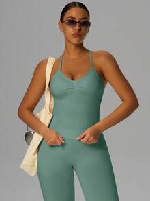 Yefecy New Impact Sports Yoga Tank Top, Women Fitness Yoga Shirt, Sports Wear, Backless Ruched Built-In Bra Crop Top Spring - 綠色 - 查看 5