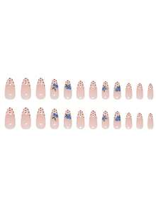 24pcs Soft Pink-Brown Polka Dot French 3D Blueberry Minimalist Style Almond Shaped Acrylic Nail Stickers, Create Fashionable Sweet French Style Nail Art, Includes Jelly Gel And Nail File, Suitable For Girls And Women's Daily Wear - Multicolor - View 2