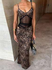 Đầm maxi nữ họa tiết da báo, dây mảnh, hở lưng, ôm sát cơ thể với phần lưới xuyên thấu, thích hợp cho buổi tối đi chơi. - Màu Khaki - Xem 1