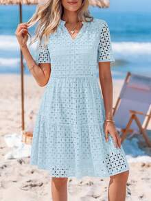 Women's Summer Dress V-Neck Hollow Eyelet Ruffle A-Line Hem Elegant Short Casual Wedding Graduation Travel Beach Holiday Vacation Light Blue Dresses For Women - 淺藍色 - 查看 6