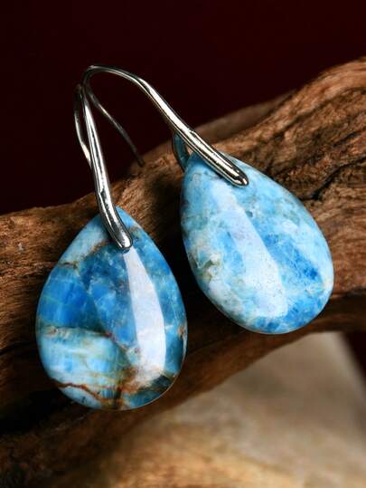 优雅水滴形蓝色磷光石耳环，欧美复古天然石耳坠，时尚简约优雅耳环，适合作为女士礼物