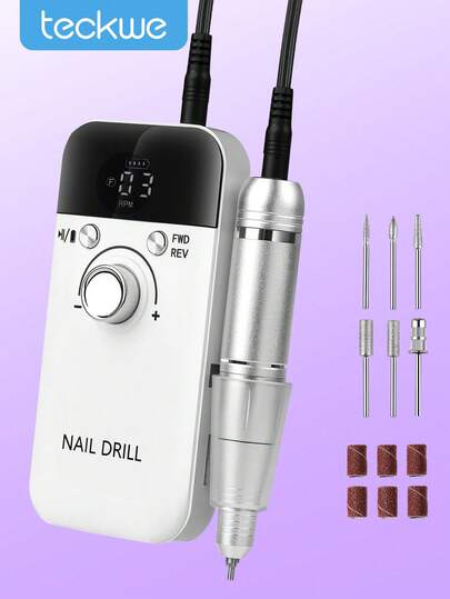 Teckwe 专业可充电式45000转/分钟美甲钻，便携式电动打磨机，丙烯酸凝胶研磨工具，配有6个钻头和砂带，适用于美甲、修脚、雕刻、抛光，沙龙及家庭使用