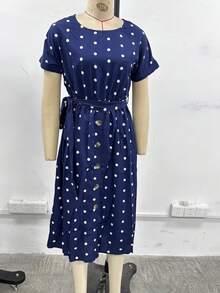 Summer Casual Polka Dot Print Button Front Dress - Navy Blue - View 4