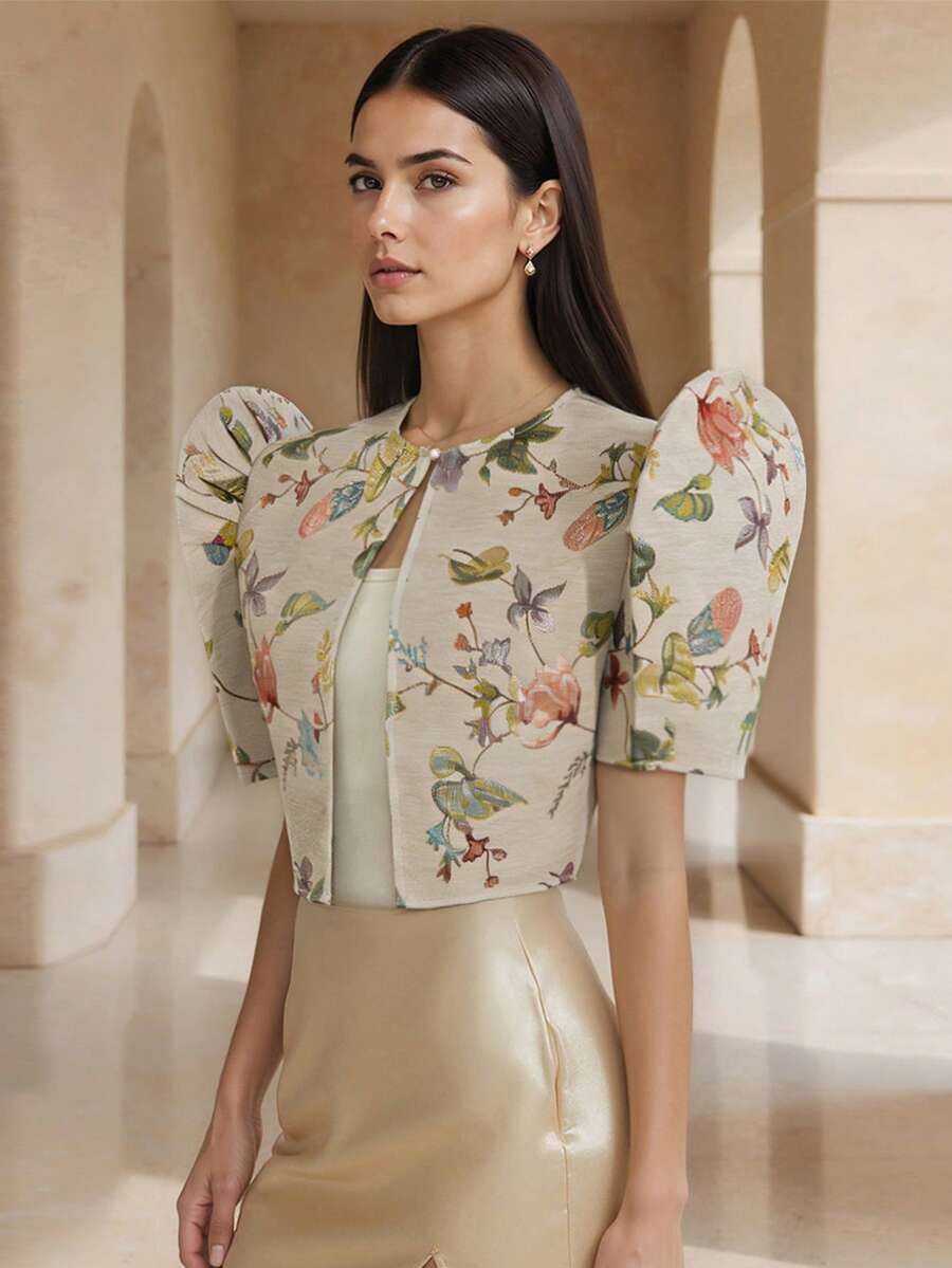 1 chiếc áo khoác cardigan tay cánh bướm in hoa kiểu Philippines, màu sâm panh, cài cúc, thích hợp mặc công sở và thường ngày, mùa xuân/hè. - Rượu sâm banh - Xem 1
