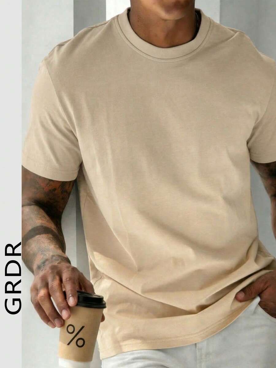 GRDR Men's Retro Minimalist Solid Color Washed Short Sleeve T-Shirt, Suitable For Summer Wear, Comfortable & Breathable, Leading Fashion - Apricot - View 1