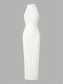 EARO Women's Black Sleeveless Bodycon Dress, Side Slit Design, Ruched Details, Fashionable And Versatile Party Elegant - White - View 3