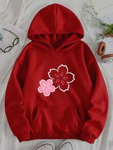 The Pink Floral Print On The Sweatshirt Features A Fresh And Natural Design. This Women's Hooded Sweatshirt With A  Pattern, Printed Letters, And-G112 - 紅色 - 查看 7