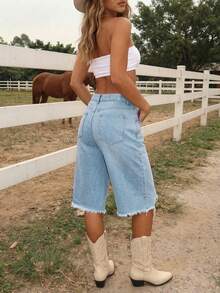 Quần lửng denim rách dáng casual, thích hợp cho các lễ hội và buổi hòa nhạc nhạc đồng quê, mùa xuân/hè. - Rửa nhẹ - Xem 4