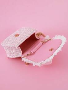 1pc Plus Size Rhinestone Mesh Bow & Beaded Ruffle Striped PU Material Flap Closure Fashion Pearl Handbag Semi-Circular Shape Sweet Chain Shoulder Crossbody Bag Snack Coin Purse Suitable For Holiday And Daily Use - Pink - View 4