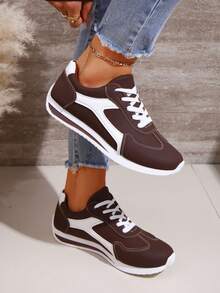 Women's Versatile Casual Sneakers, Round Toe Low-Top, Comfortable Flat, Colorblock, Retro Style, Suitable For All Seasons, Available In Red, Green, Yellow, Size 35-43 Plus Size - Brown - View 5