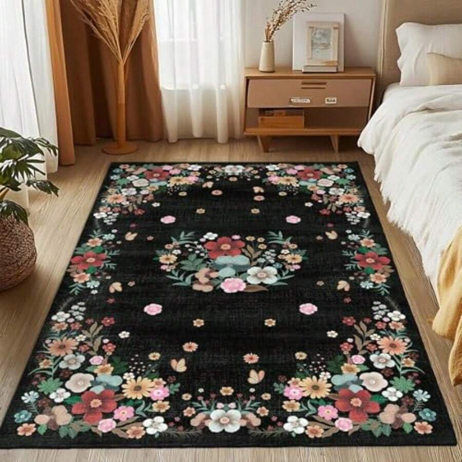 MOSISO 121x182cm/4x6ft Alfombra para Sala de EstarSuave Antideslizante Racimos de Flores Alfombras de Pelo Corto Lana Sintética Rectangular Lavable Área Tapetes para Dormitorio Comedor Hogar Negro - Rectangular de 4x6 - Ver 1