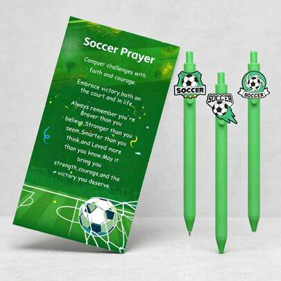 3Pcs Soccer Themed Ballpoint Pens With Motivational Prayer Cards, Football Sports Writing Pens, Soccer Match Prizes, Party Favors & Inspirational Gifts For Boys Students Adults