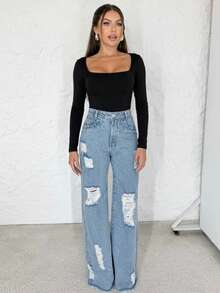 Women's Second Skin Bodysuit With Square Neckline And Long Sleeves - Basic - Blogger Style - 黑色 - 查看 1