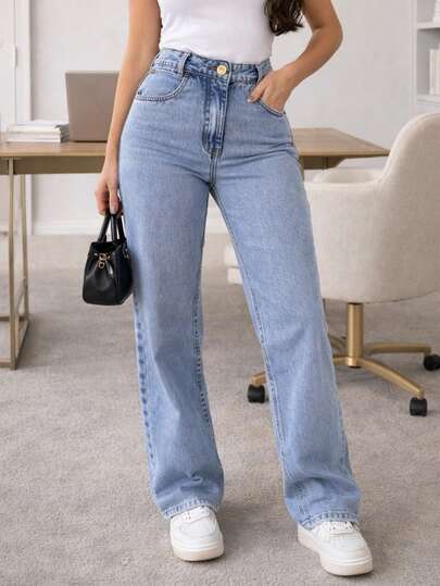 Calça Jeans Wide Leg Feminina Marmorizada Pantalona Boca Larga Cintura Alta Confortável Sofisticada Elegante