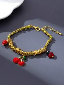 1 chiếc vòng tay nữ phong cách Bohemian với mặt dây chuyền hình quả anh đào đỏ và dâu tây, vòng tay hình bọ rùa nhiều họa tiết thời trang, thanh lịch và dễ thương. - Đỏ - Xem 1