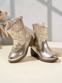 NILOSH 1 Pair Children's Embroidered PU Leather TPR Sole Mid-Calf Boots, Fashionable Spring/Autumn Style - Gold - View 7