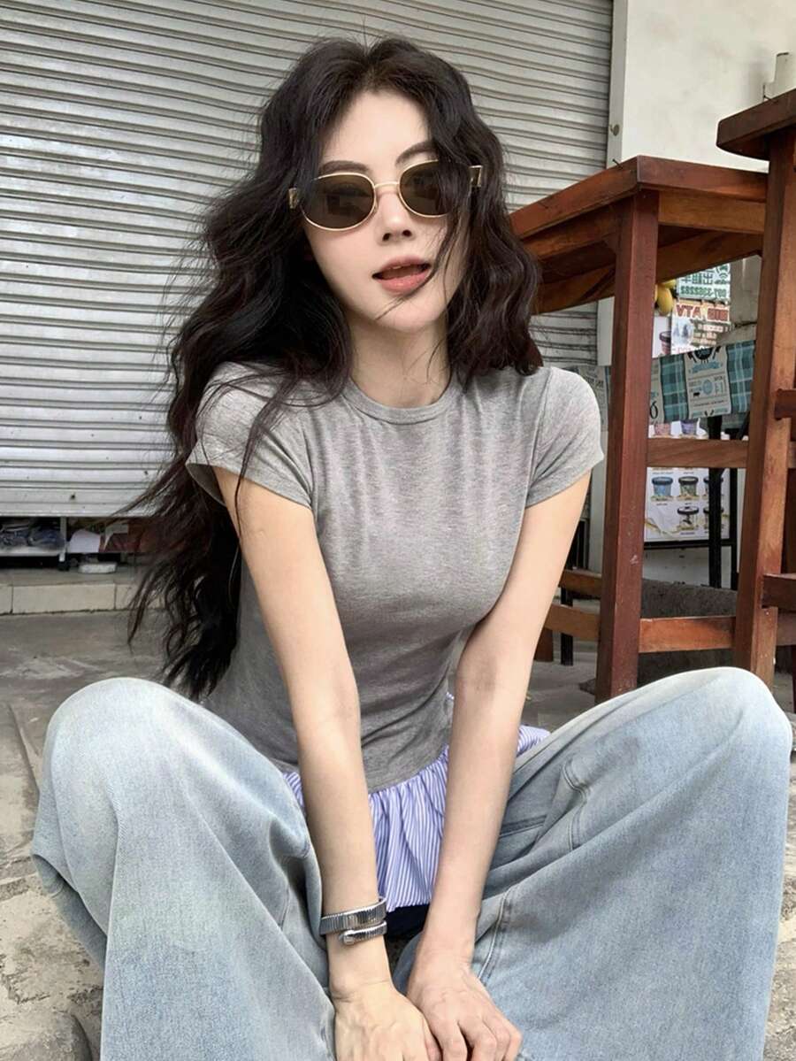 女士修身短袖T恤，拼接下摆，夏季休闲家居服