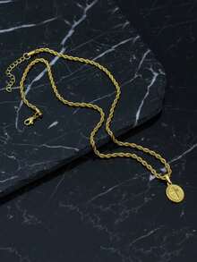 1件几何椭圆十字架吊坠不锈钢链项链，时尚简约男士日常佩戴 - 金色 - 查看 5