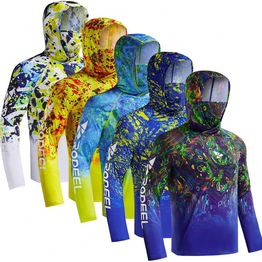 RODEEL 5 Pack Men's UV Protection Sun Hoodie With Face Mask – Breathable Quick Dry Lightweight Fishing Shirts For Hiking, Boating & Outdoor Sports  Fathers Day Gift - 白黃綠藍深藍 - 查看 1