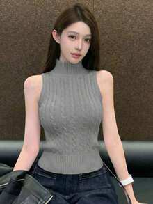 女士白色针织无袖背心，法式时尚修身设计上衣 - 灰色 - 查看 3