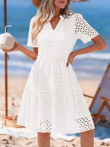 PRETTYGARDEN Women's Summer Elegant Dress V-Neck Hollow Eyelet Ruffle A-Line Hem Short Casual Wedding Graduation Travel Beach Holiday Vacation White Dresses For Women - 白色 - 查看 1