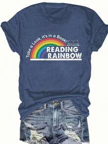 Women's T-Shirt Fitted Tops Print Y2K Crew Neck Tee-Plus Size - Women'S Red T-Shirt - Reading Rainbow Graphic Tee With Book Design - Casual Everyday Shirt For Teachers, Book Lovers - Valentine'S Day & Back To Outfits - Soft Everyday Top, Teacher Apparel, Playful Design, Comfortable Fit-Summer Festival Fashion,  Adult Heavyweight T-Shirt - 藏蓝色 - 查看 12