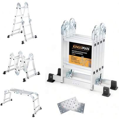 Rey Guerrero |   Escalera Multiposiciones 8 Peldaños 2.7 m – Charolas para Andamio – Soporta hasta 150 kg – Plegable – Tipo Tijera
