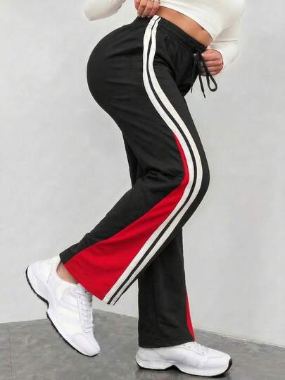 女士休闲直筒裤，抽绳松紧腰设计，适合春夏运动休闲穿着，撞色设计，时尚简约，透气吸湿