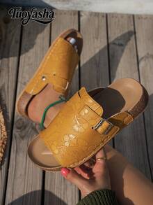 Thick Bottom Cork Slide Sandals Breathable Adjustable Buckle Non‑Slip Wear-Resistant Indoor Outdoor Slippers - Yellow - View 7