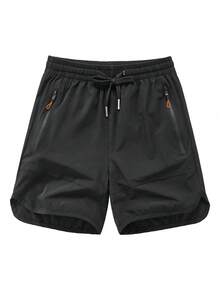 男士夏季透氣快乾百慕達運動短褲，彈性腰帶附口袋，休閒運動褲 - 黑色 - 查看 2
