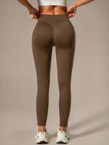 NcmRyu Women's Ono Pc Seamless Ribbed Solid Color High Waist Elastic Slim Fit Leggings - Mocha Brown - View 7
