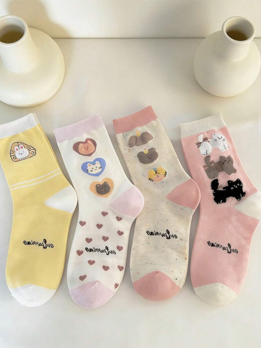 1/3/4 pares de calcetines medianos para mujer con diseño de gato y conejo, estilo de dibujos animados, transpirables y suaves, versátiles para el uso diario - Multicolor - Ver 1