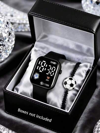 两件套男童时尚简约LED心形数字显示电子手表，适合男孩佩戴，配有足球手环，适合作为男孩的生日/节日礼物，也适合学生，非常适合日常生活，例如上学、聚会和旅行。毕业季、情人节，是送给男孩的完美礼物。