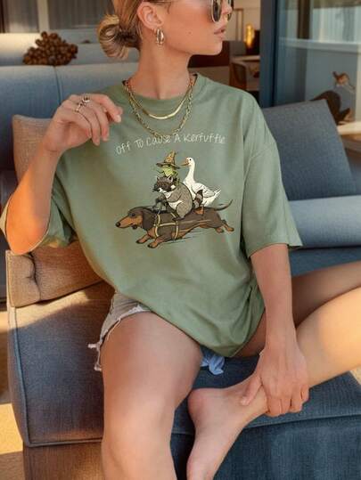 Funny Animal Print Graphic Tee For Teenage Girls, Regular Fit 2026 Dreamy Pattern T-Shirt, Comfortable Gray-Green Short Sleeve Top, Unique Pastoral Pinterest Aesthetic Apparel