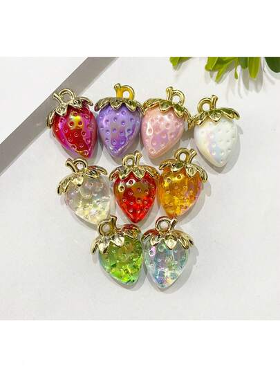 10pcs Transparent Strawberry Charms & Pendants - Clear Resin Fruit Beads For DIY Jewelry Making, Cute Summer Accessories For Bracelets, Necklaces & Earrings