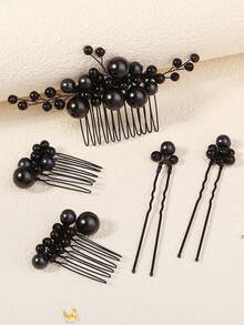 5 pezzi Set di pettini e fermagli per capelli retrò neri con perle finte, accessori eleganti per acconciature da sposa realizzati a mano con perline, adatti per banchetti, feste, estate, spiaggia, matrimoni - nero - Visualizzare 8