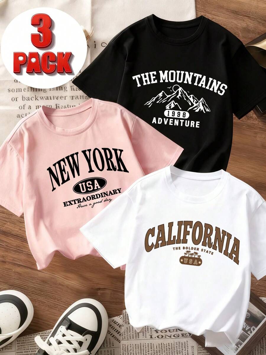 3pcs Tween Girls' Popular Graphic Print Soft & Comfortable Tops, Suitable For Outdoor Sports, Casual Daily Wear, Street & Campus Style, Fashionable Spring/Summer - White - View 1