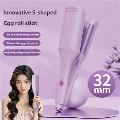 32毫米S型蛋卷卷发棒，负离子美发器，4档温度设置，30秒快速加热，防毛躁卷发器，新手友好，持久耐用，居家旅行必备美发造型工具