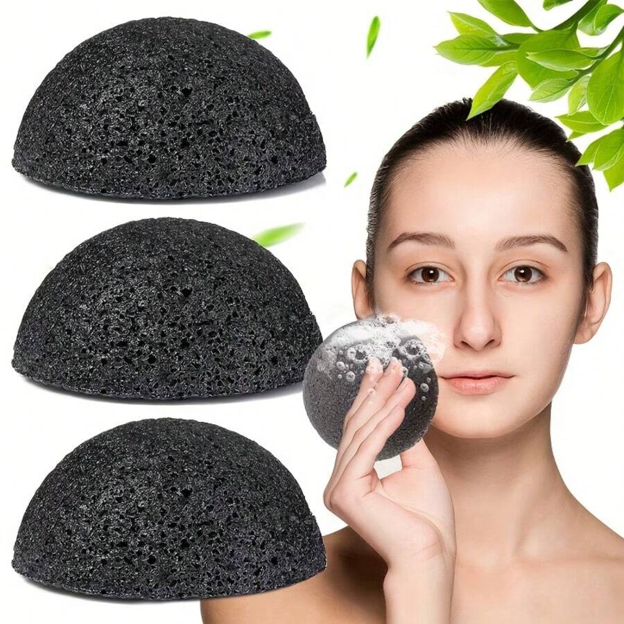 3pcs New Activated Charcoal & Konjac Face Sponge Set, Deep Cleansing & Exfoliating, Suitable For Oily, Dry & Sensitive Skin, Natural Facial Cleansing Tool - Multicolor - View 1