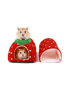 2 piezas Cama de hámster con patrón de fresa, escondite de conejo, nido cálido lavable para mascotas pequeñas con túnel para cobayas, set de accesorios de jaula de escondite para conejos, adecuado para hámsteres, hurones, conejos - Rojo - Ver 3